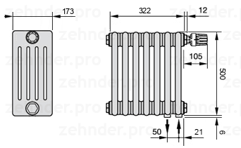 Схема (чертеж) Радиатор Zehnder Charleston 5050/7 №V002 Белый глянцевый RAL 9016